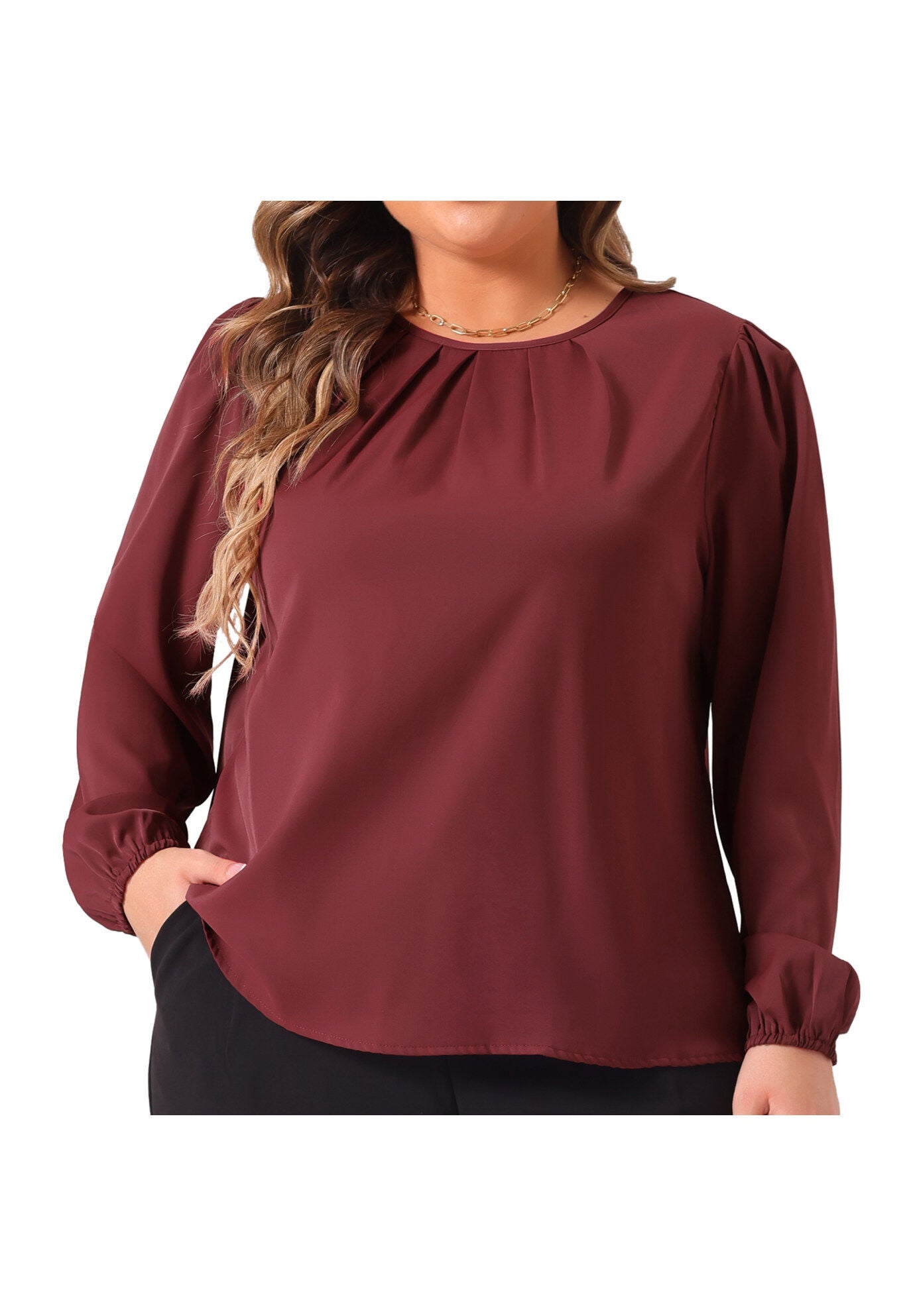 Crew Neck Pleated Work Office Long Sleeve Blouse, Burgundy / Burgundy, alternate image number 2
