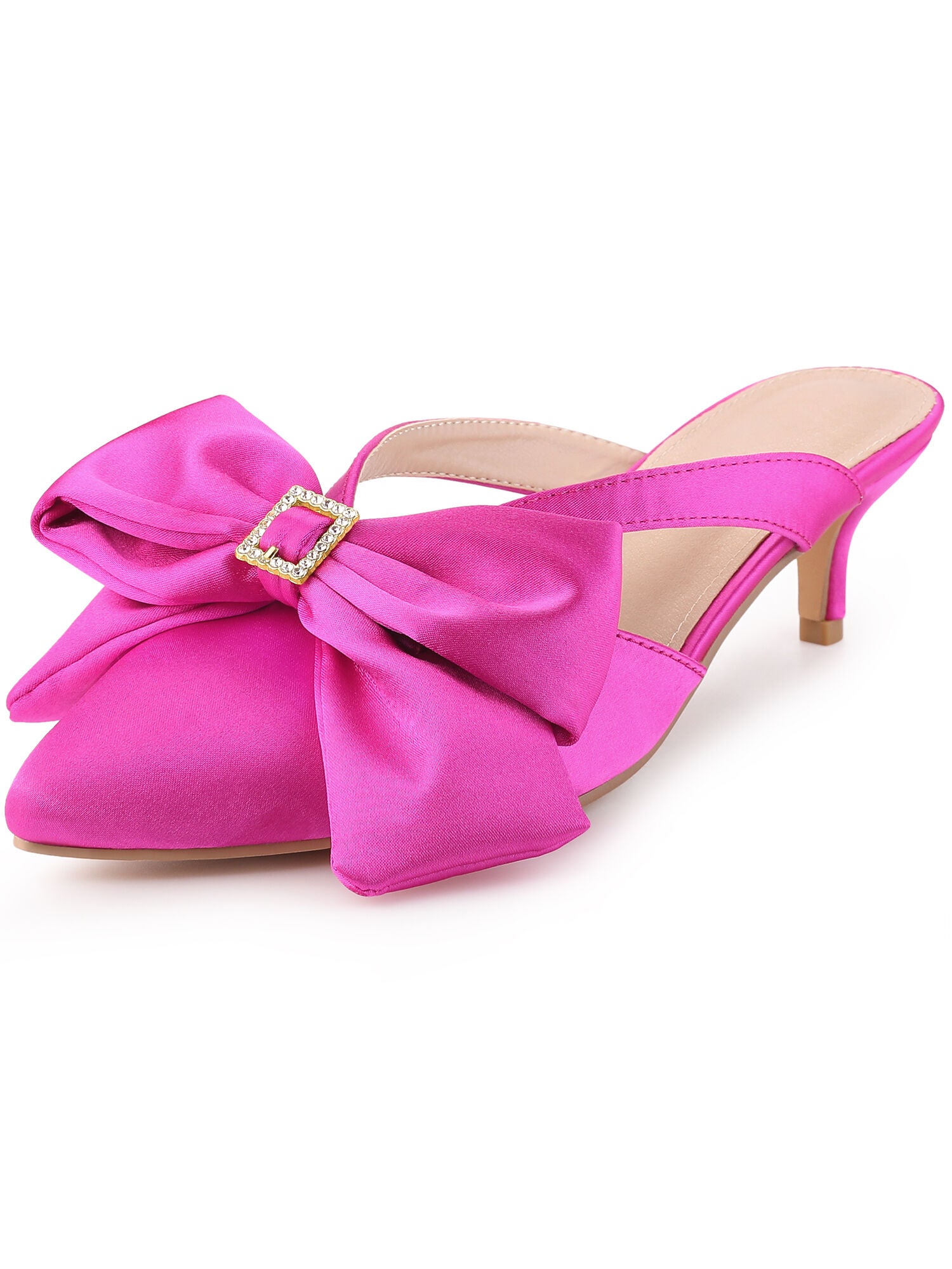 Bow Rhinestones Kitten Heels Satin Slide Mules, Hot Pink / Pink, hi-res image number 0