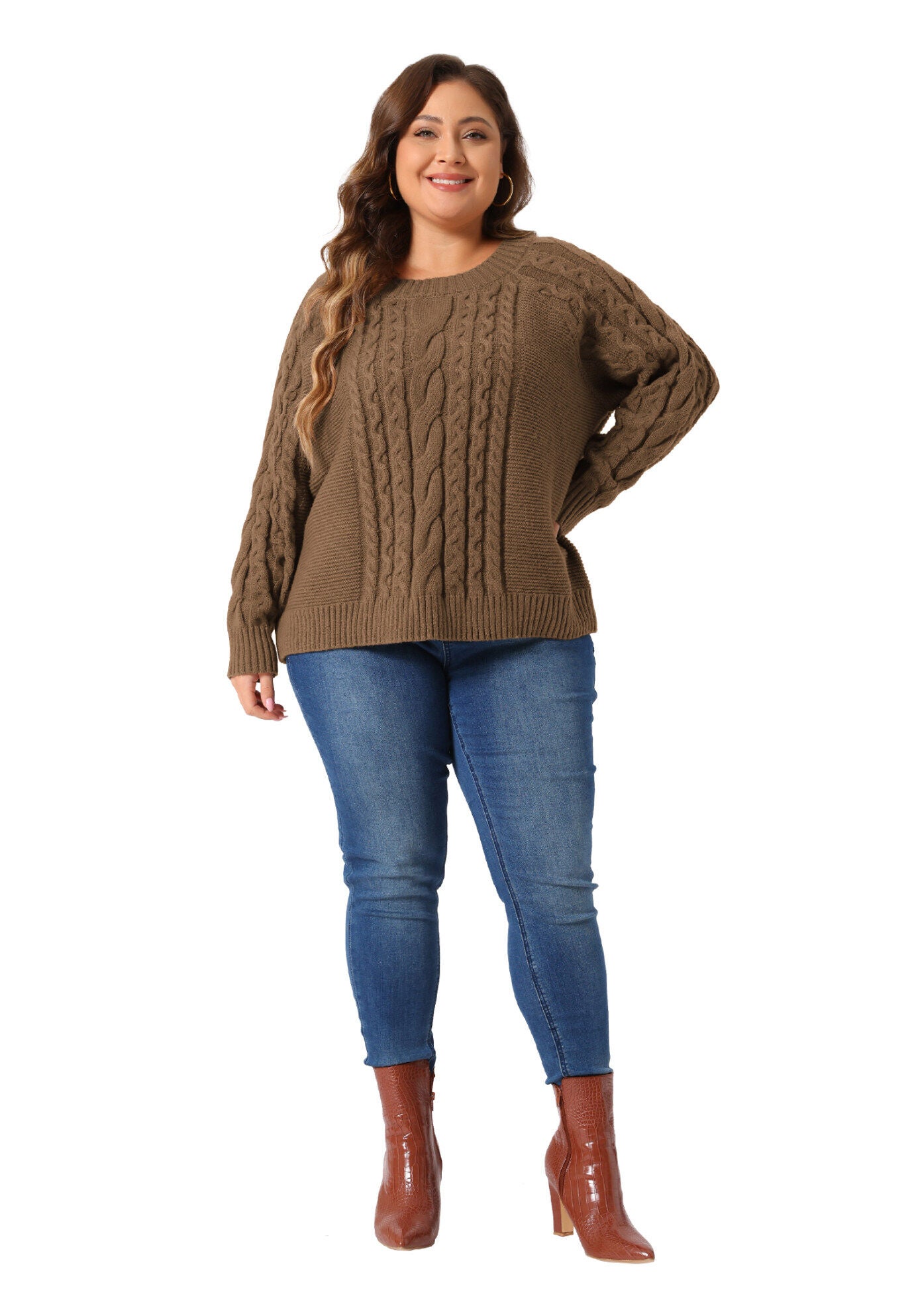 Long Sleeve Crewneck Fisherman Cable Pullover Sweater, Brown / Brown, hi-res image number 0