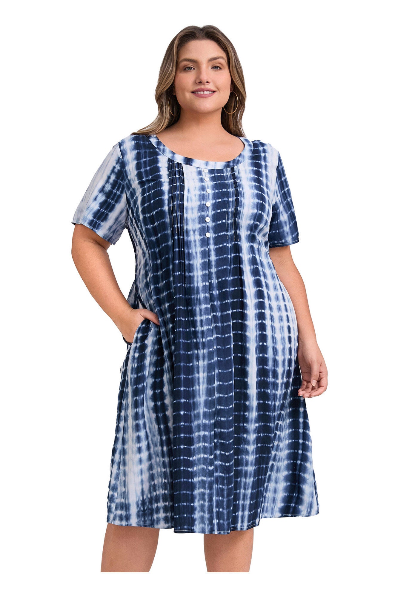 Toothpick Pleated Tie Dye Button Decor Round Neck Short Sleeve A-Line Dresses with Pockets, Dark Blue / Navy, hi-res image number 0
