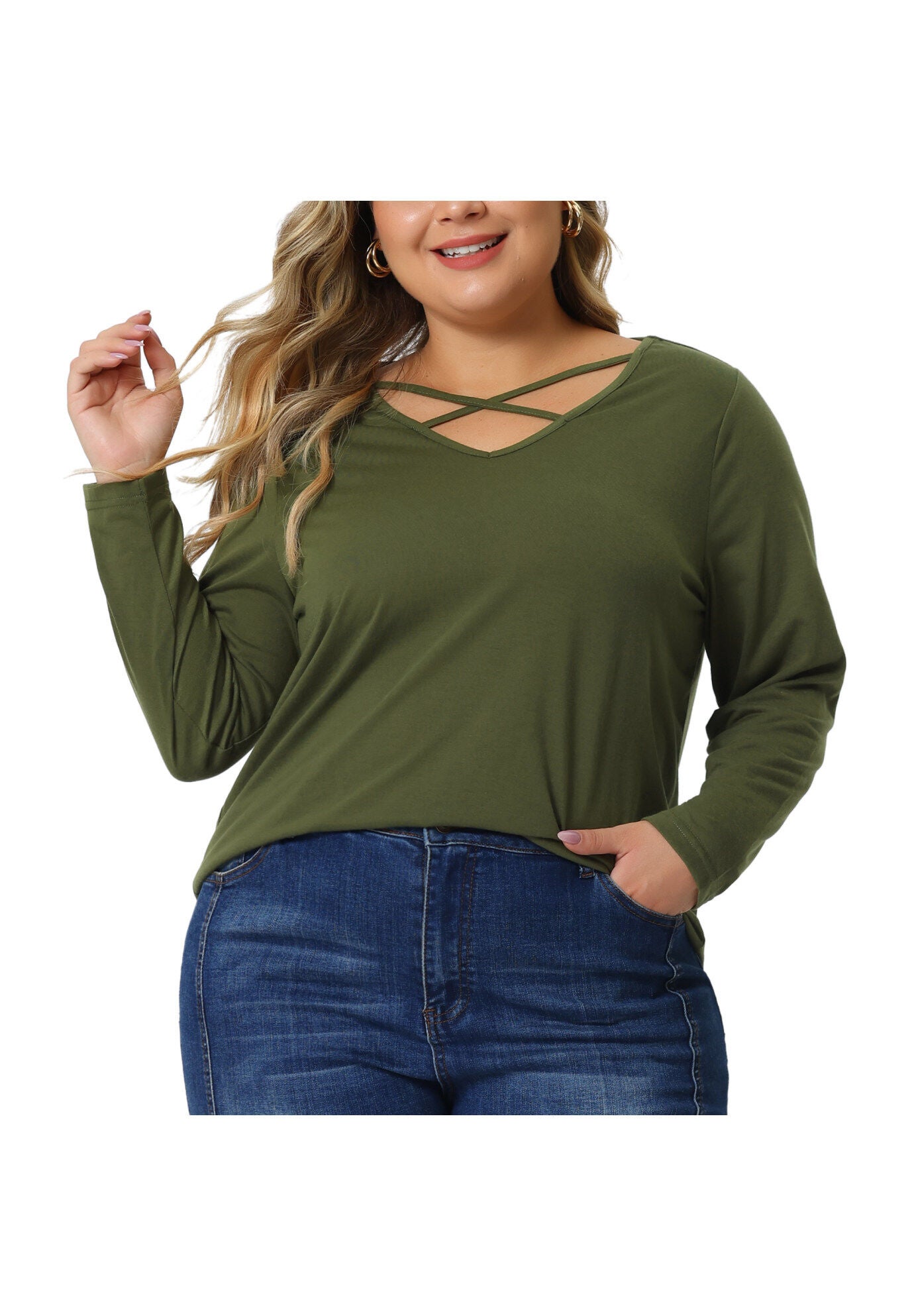 CROSS V NECK LONG SLEEVES T-SHIRT TOP, Army Green / Hunter Green, alternate image number 1