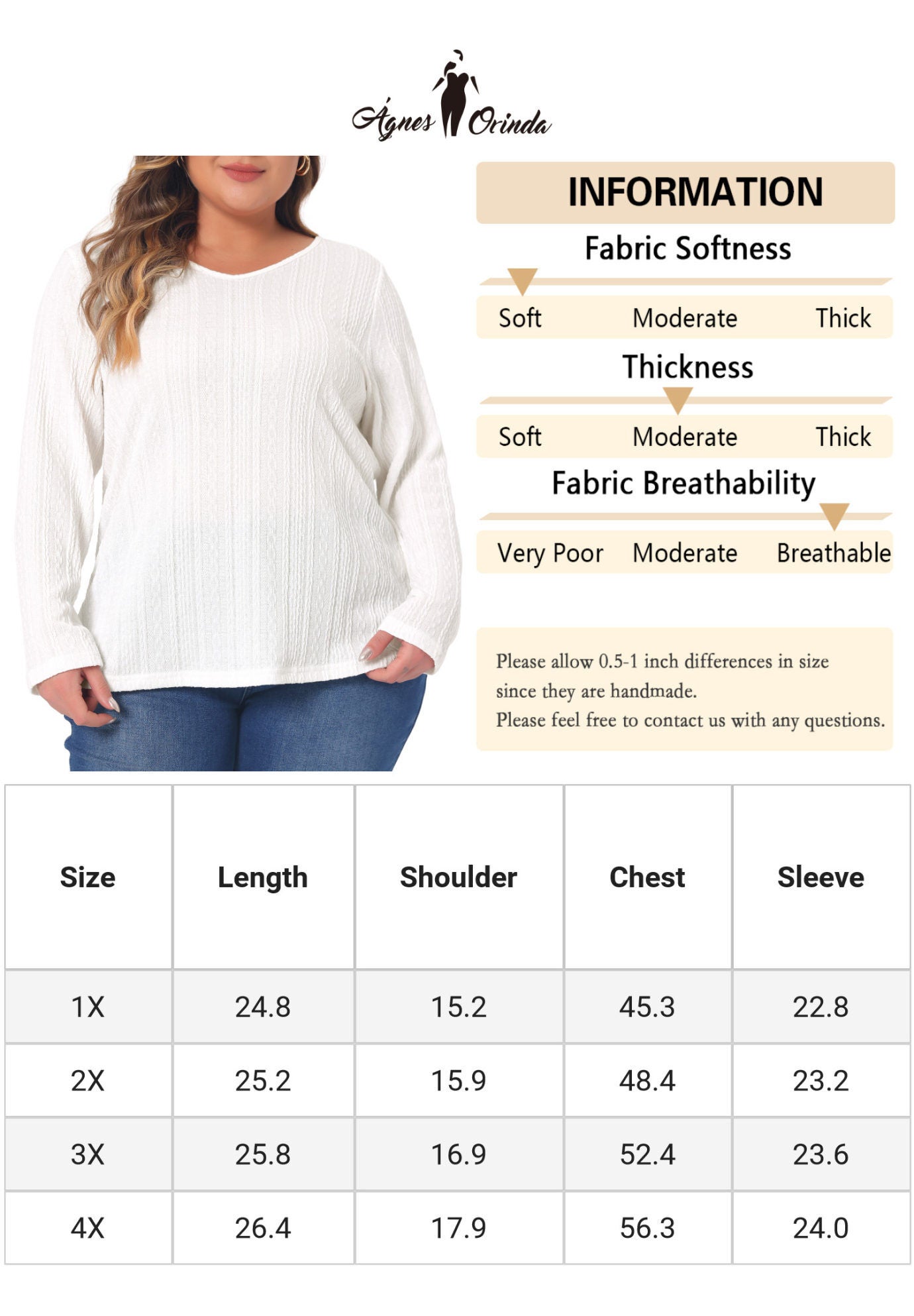 V Neck Long Sleeve Basic Knit Top Tee T-Shirt, White / White, alternate image number 4