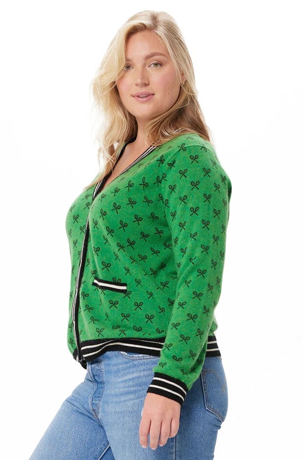 Cashmere Tennis Print Cardigan, Golf Green / Kelly Green, alternate image number 1