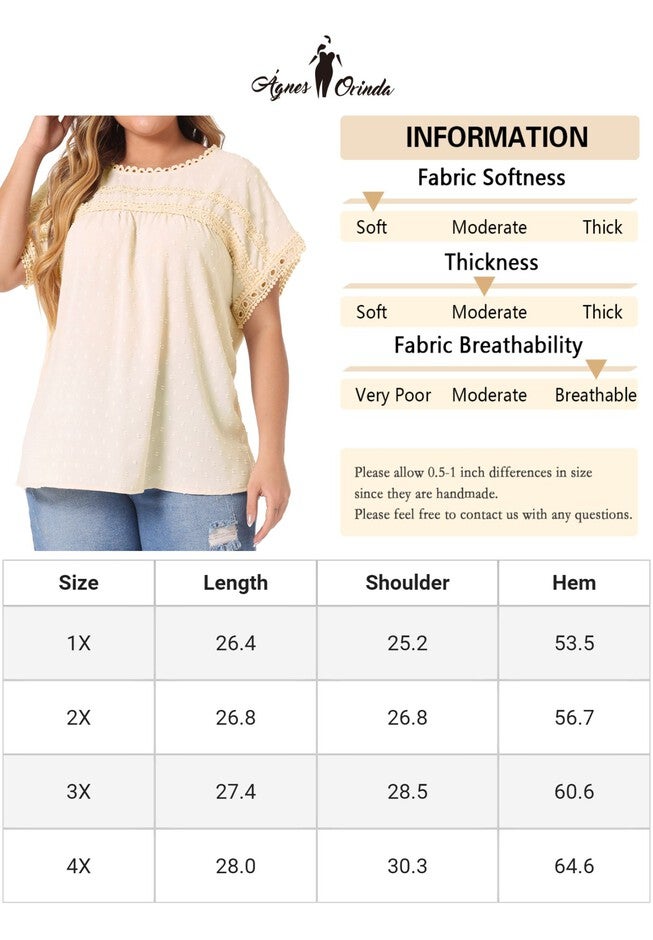 Swiss Dots Lace Crochet Short Sleeve Chiffon Blouse, Beige / Beige, alternate image number 4