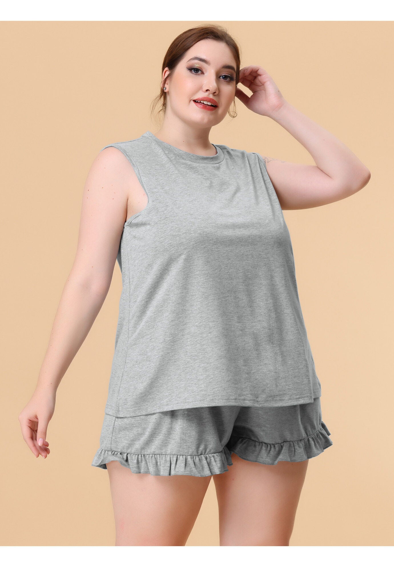 RUFFLE KNIT SLEEVELESS TANK TOP 2 PIECE PAJAMAS SET LOUNGEWEAR, Gray / Light Grey, hi-res image number 0