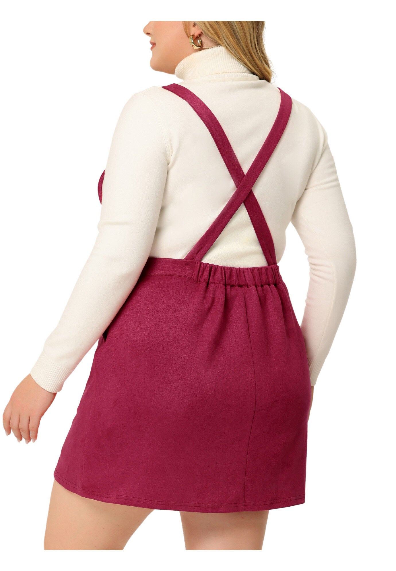 HIGH WAIST A-LINE SUEDE SUSPENDER SKIRT OVERALL DRESS, Dark Red / Red, alternate image number 3