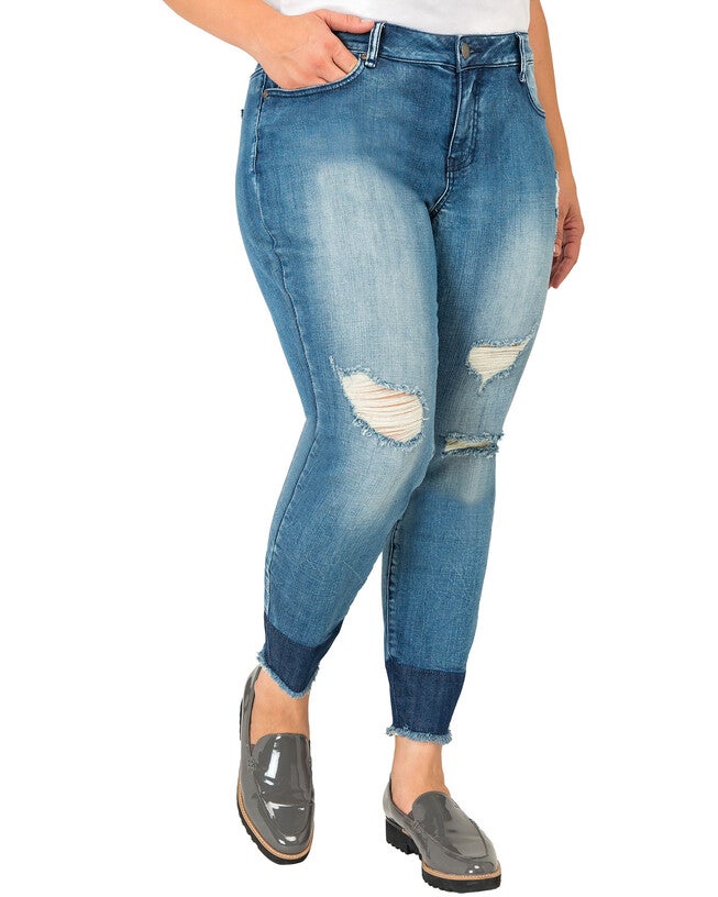 Plus Size Virgina Raw Hem Two-Tone Midrise Skinny Cropped Jeans, Blue / Medium Wash, alternate image number null