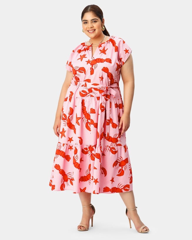 Lobster star print cotton drop waist tiered dress, Pink / Pink, hi-res image number null