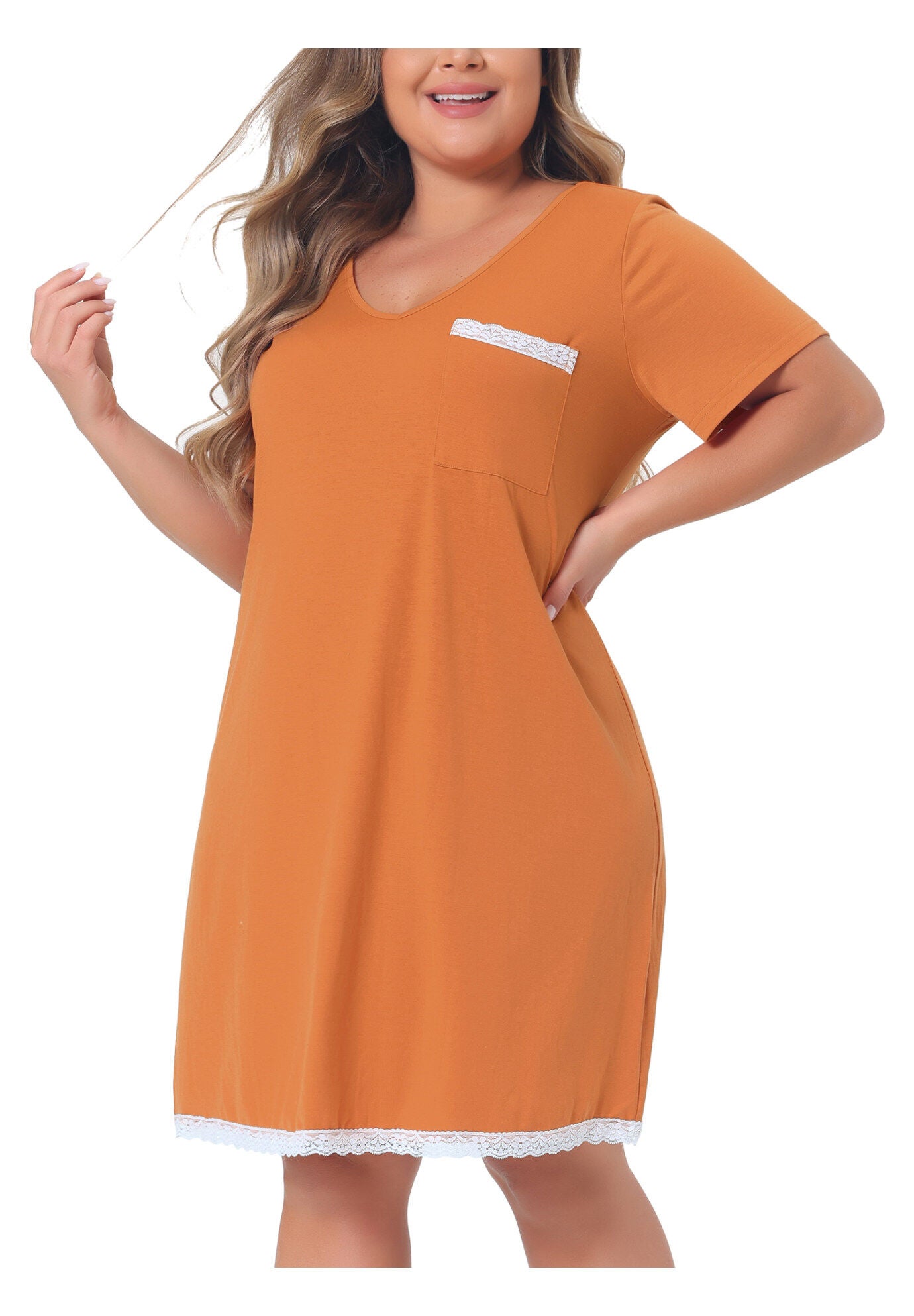 Short Sleeve Lace Trim Pajama Nightshirt, Orange / Orange, alternate image number 1