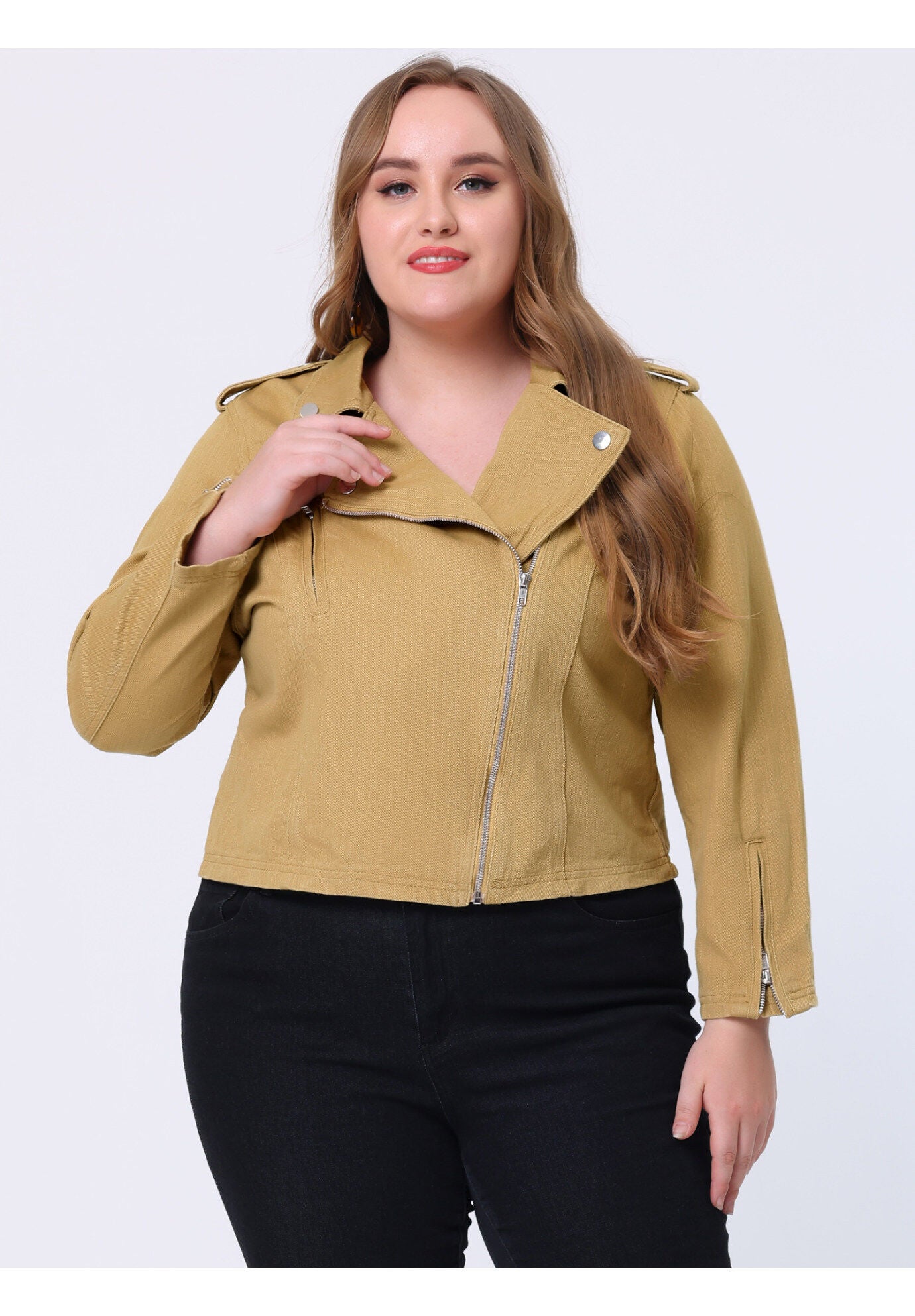 COLLAR INCLINED ZIP CLOSURE DENIM BIKER MOTO JACKET | Dia & Co