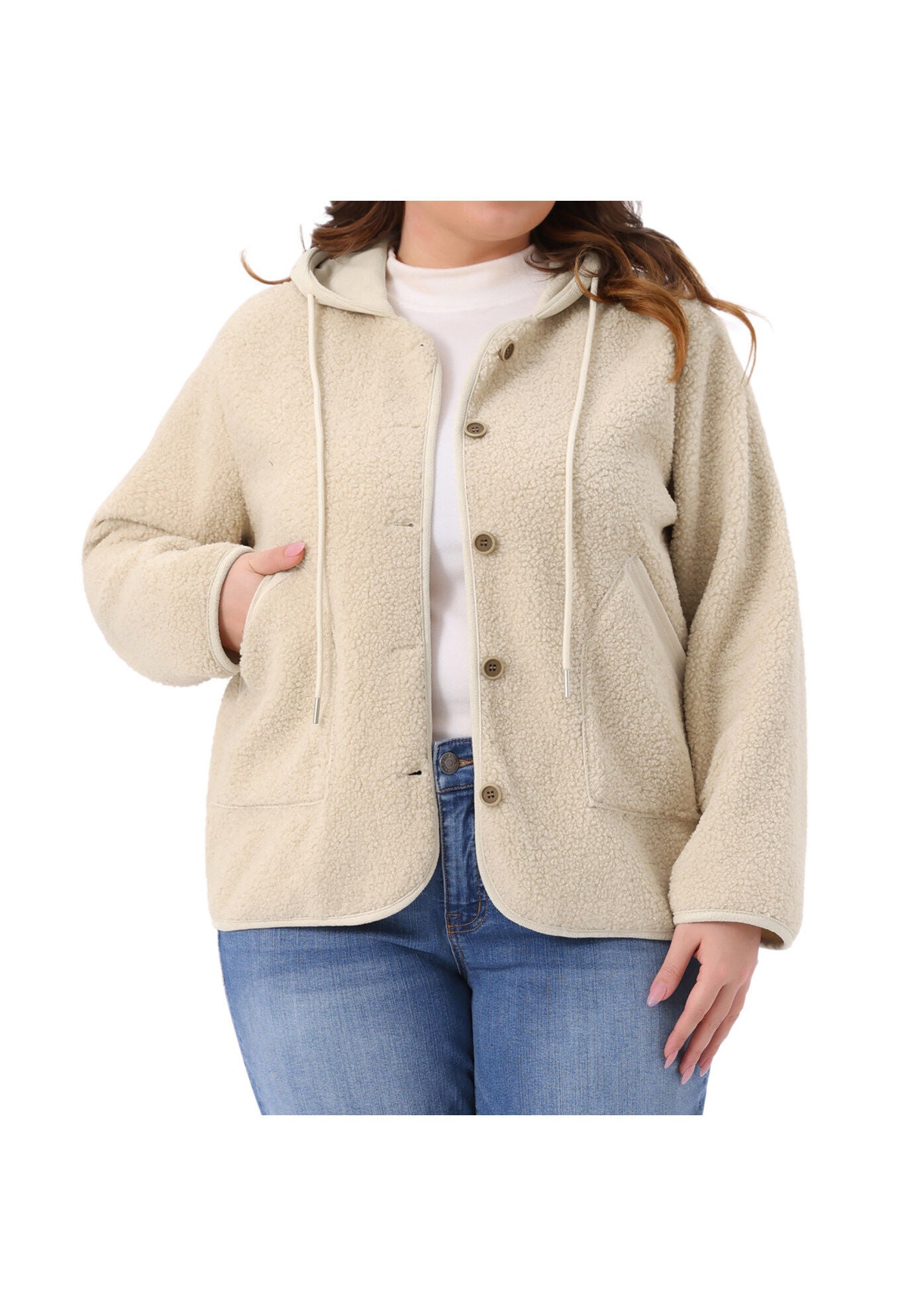 Hooded Fleece Teddy Fluffy Outerwear Coats with Pockets, Beige / Beige, alternate image number 2