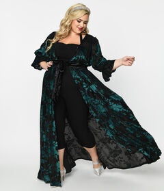 Unique Vintage Black & Teal Floral Velvet Burnout Duster