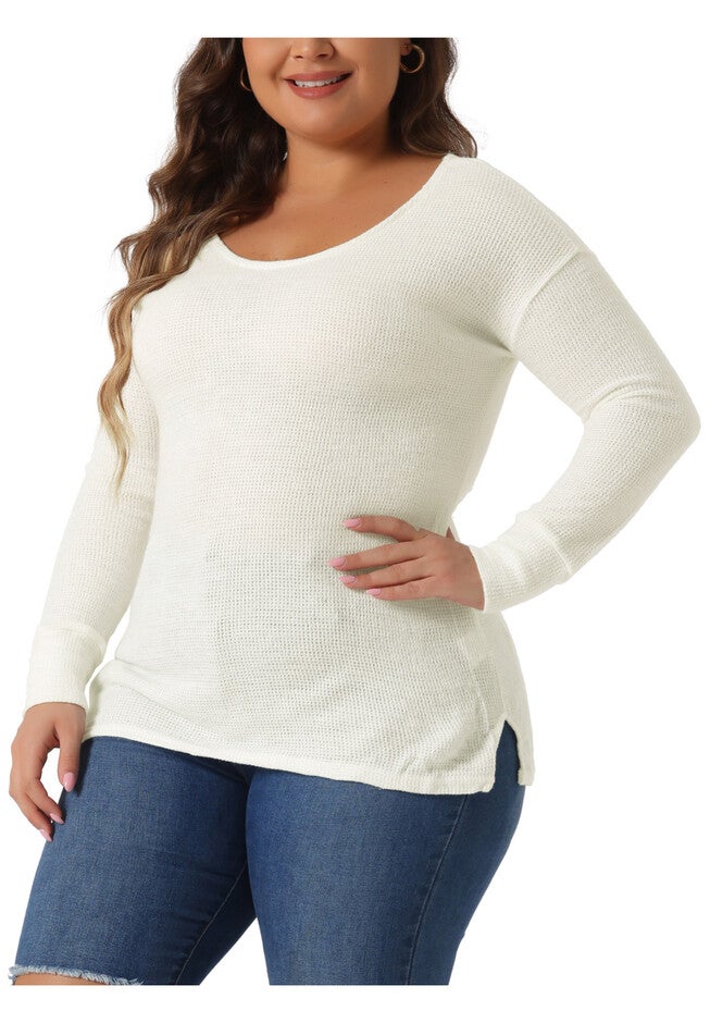 V Neck Waffle Knit Long Sleeve Shirt Basic Top, White / White, alternate image number 1