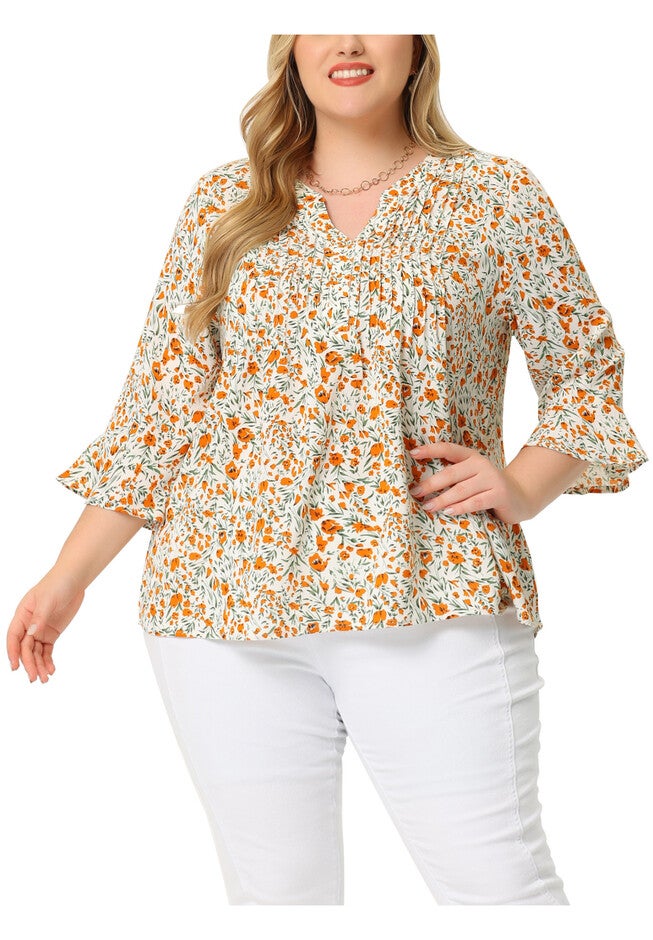 Pleated Long Sleeves V Neck Floral Blouse Top, White / White, alternate image number 2