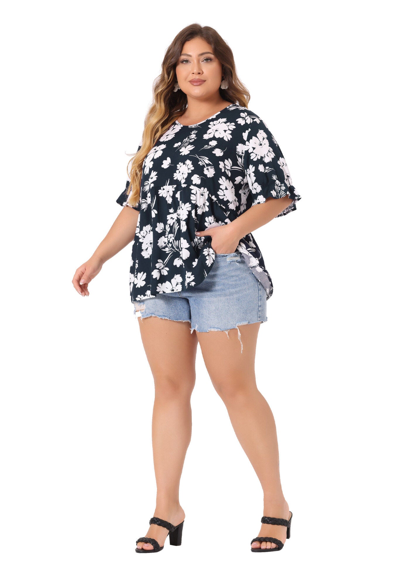 Floral Peplum Top V Neck Ruffle Short Sleeve Babydoll Blouse, Navy Blue / Navy, hi-res image number 0
