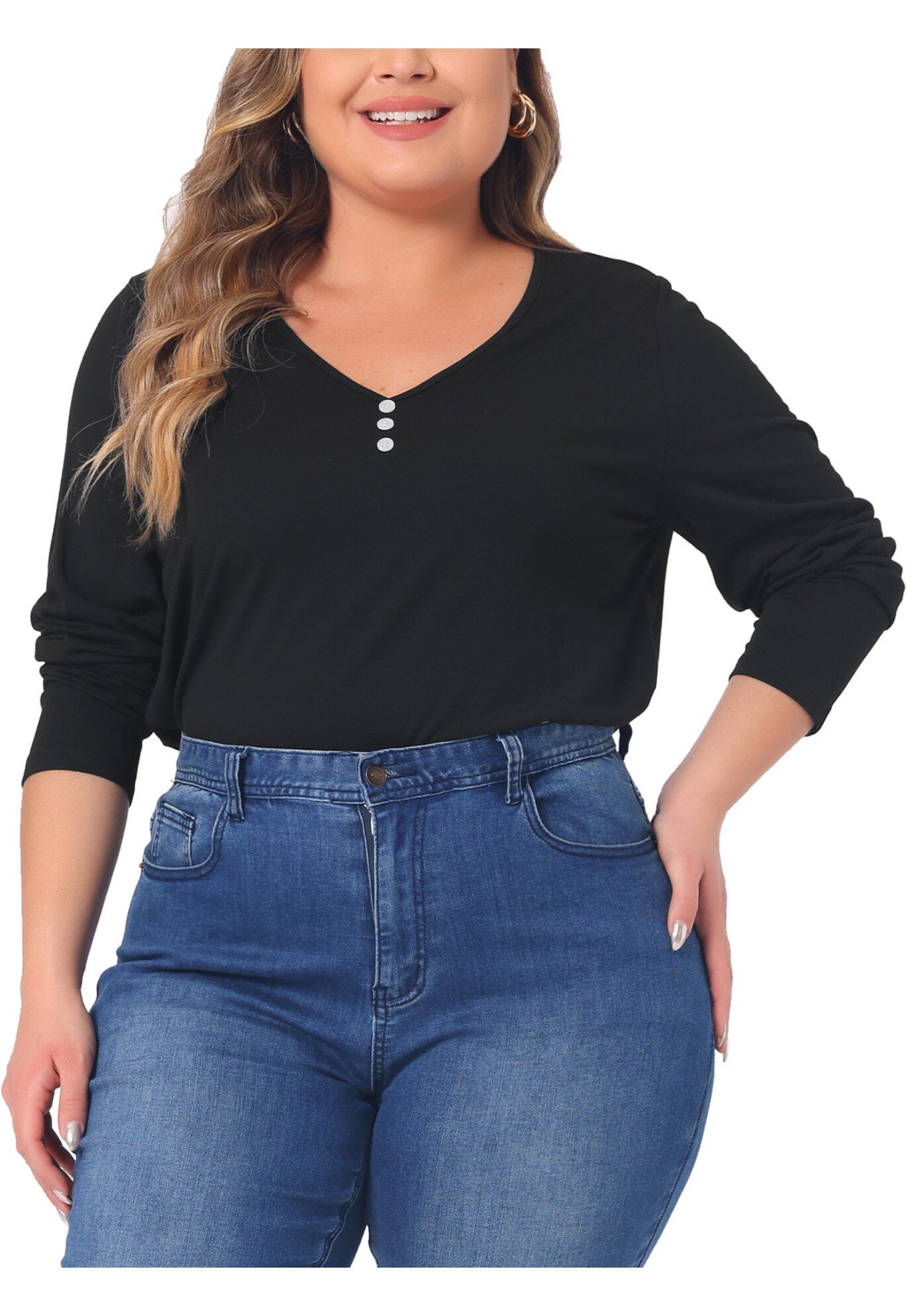 Casual Top Button Front Long Sleeve Tee, Black / Black, alternate image number 2