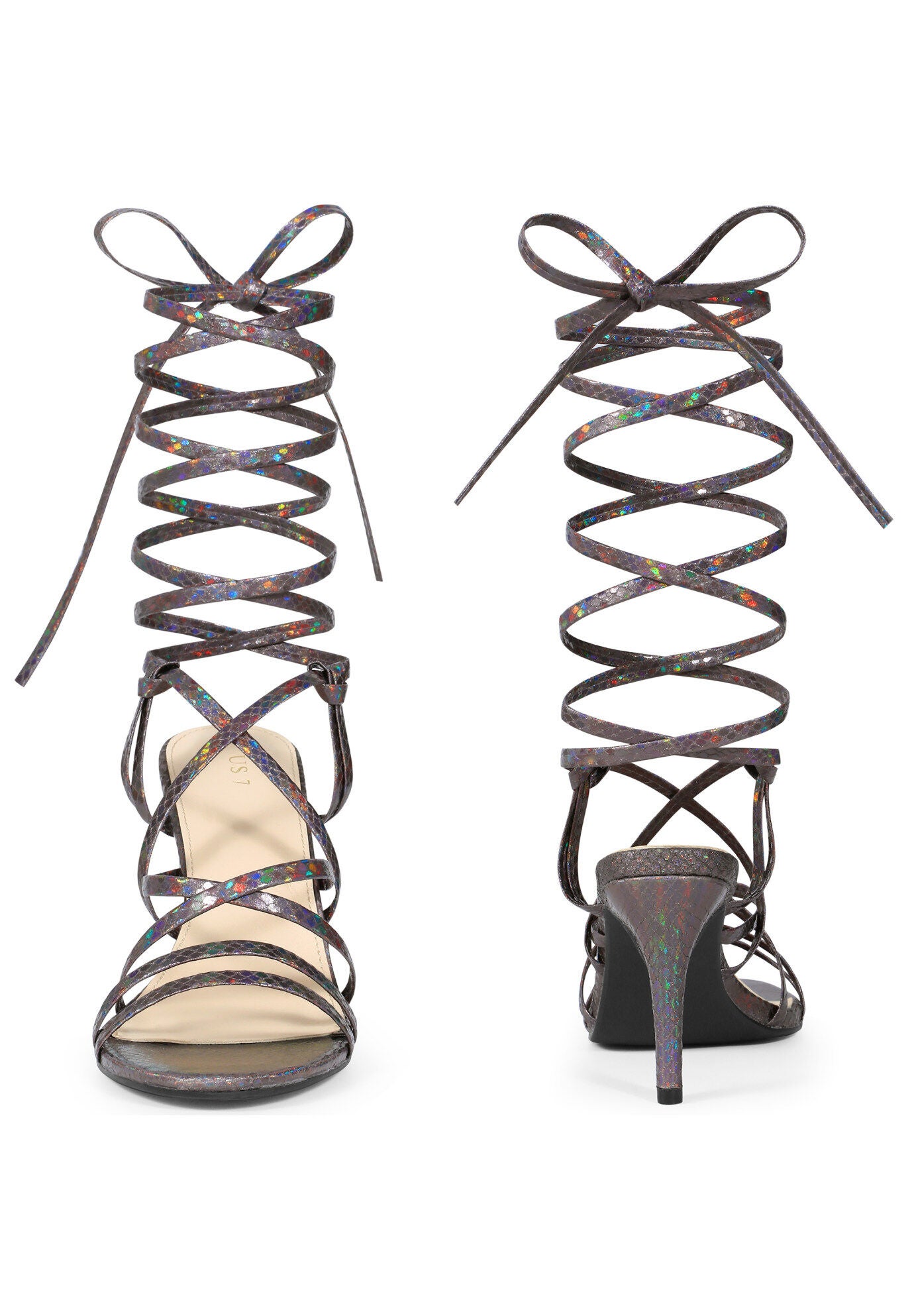 Snakeskin Strappy Lace Up Stiletto Heels Gladiator Sandals, Gunmetal / Charcoal Grey, alternate image number 1