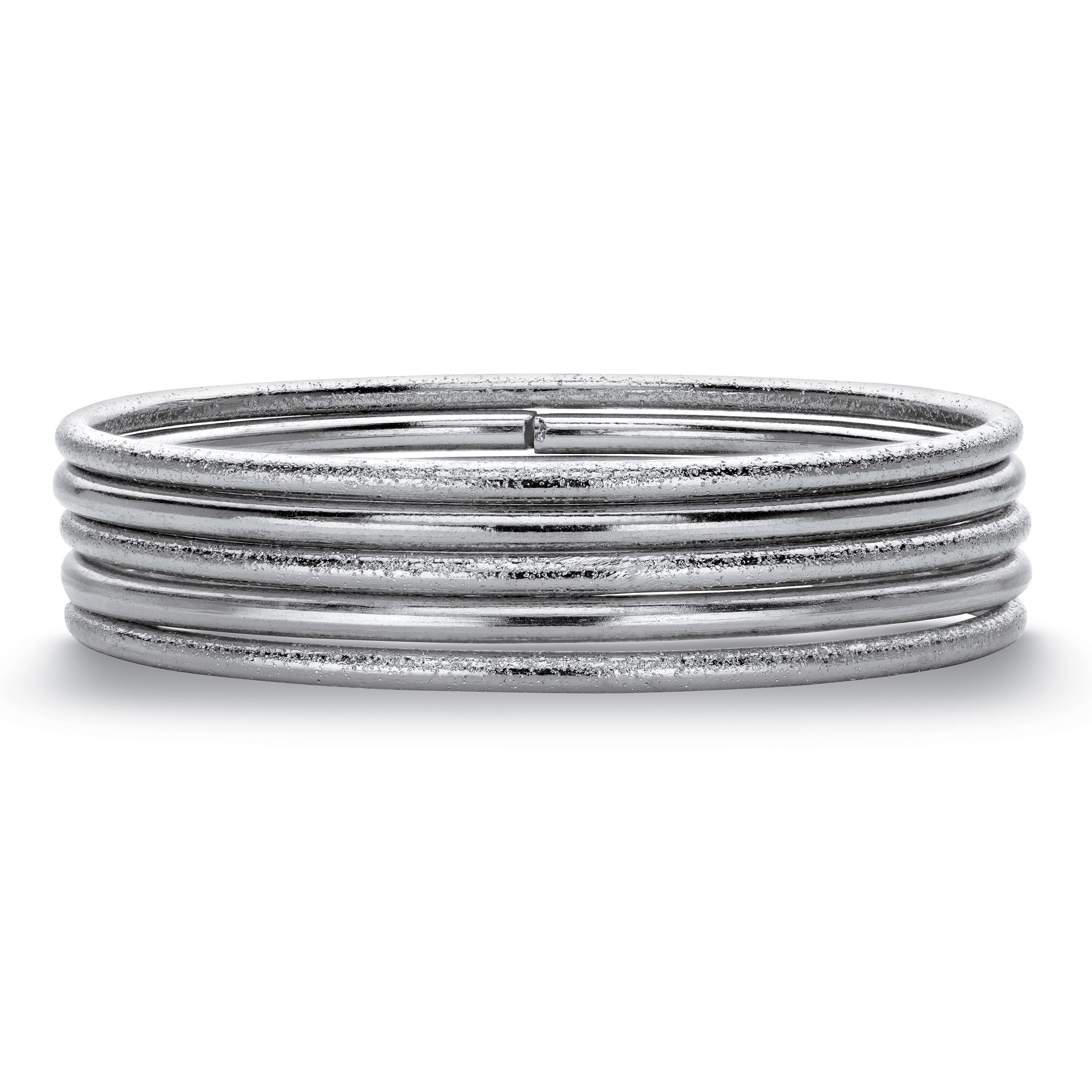 Textured and Polished 5-Piece Bangle Bracelet Set in Silvertone 9 inches, , alternate image number 7