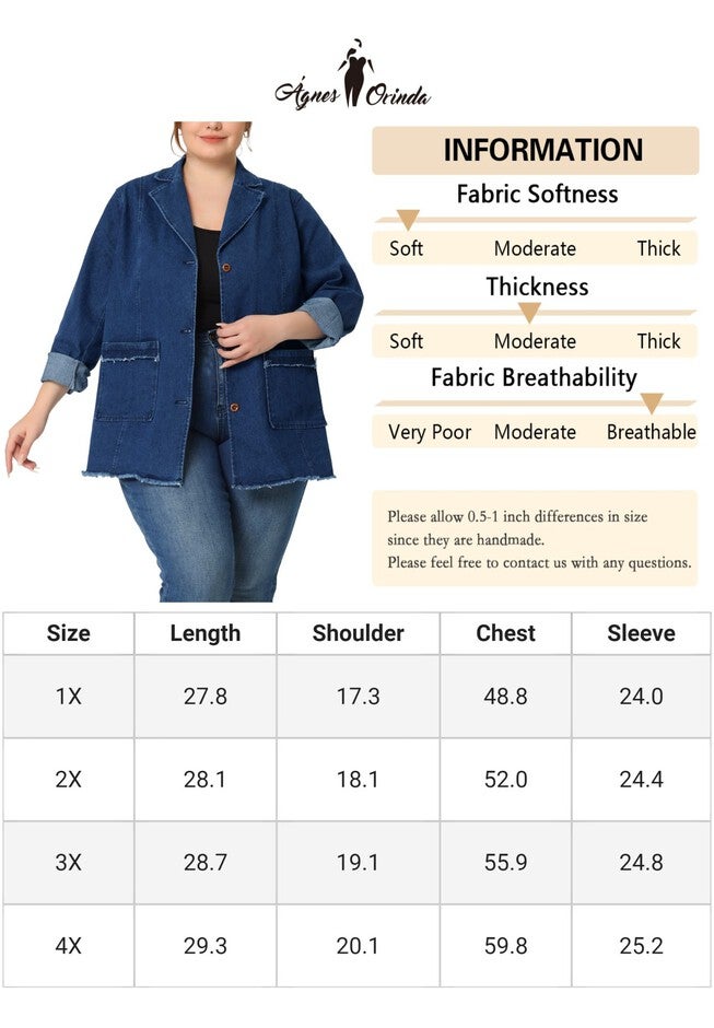 Notched Lapel Button Raw Hem Denim Blazer Jacket, Dark Blue / Chambray Denim Medium, alternate image number 4