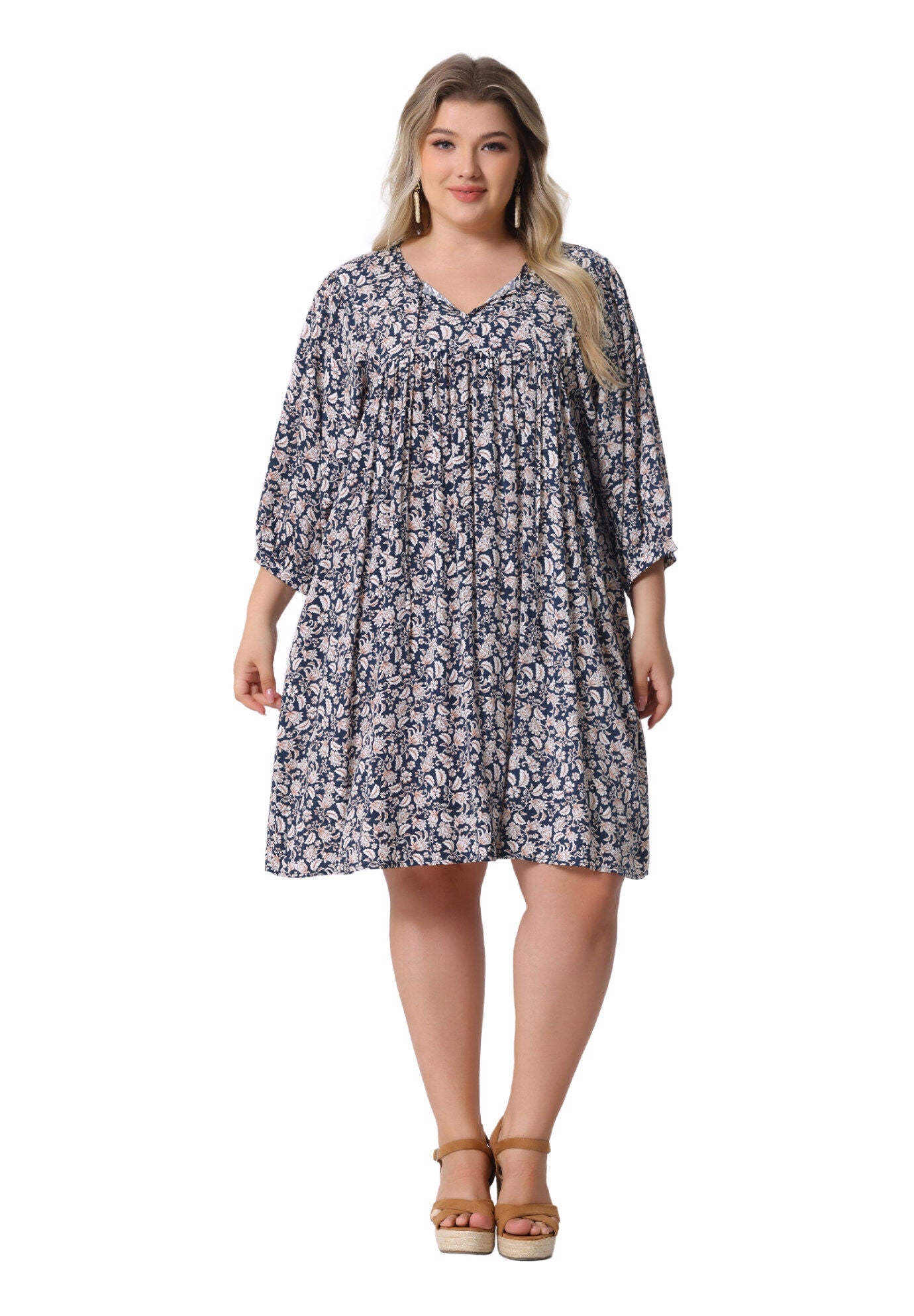 Summer Drawstring V Neck Babydoll Midi Flowy Sundress, Navy Blue / Navy, hi-res image number 0