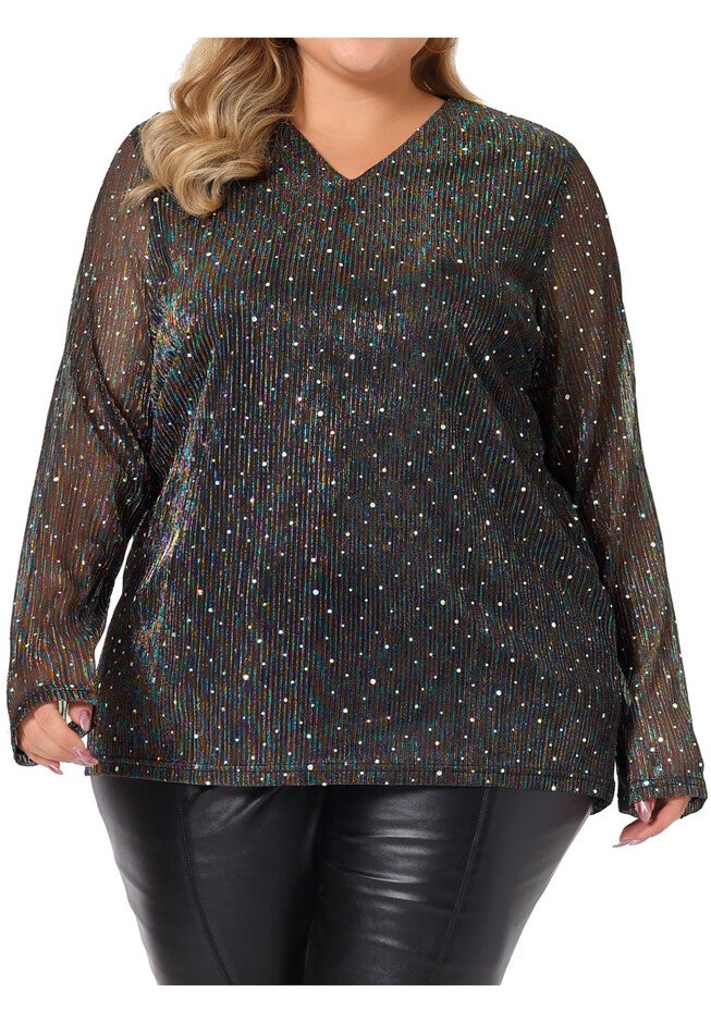 LONG SLEEVE GLITTER SPARKLE TOP, Black / Black, alternate image number 2