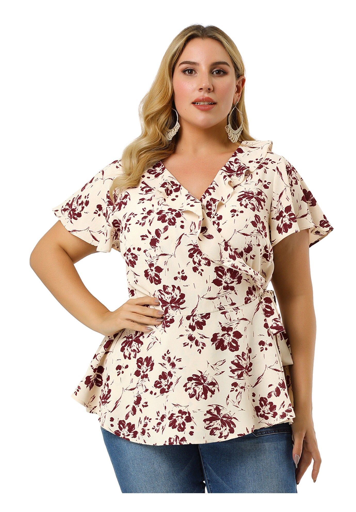 Wrap V Neck Tie Waist Ruffle Sleeve Blouse Summer Floral Top, Beige / Beige, hi-res image number 0