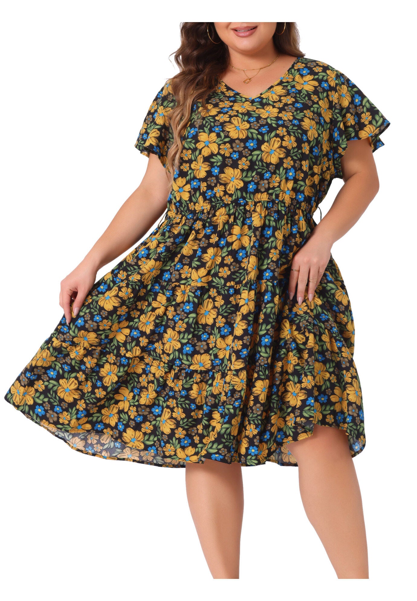 Floral Printed V Neck Summer Midi Flared Dress, Black / Black, alternate image number 2