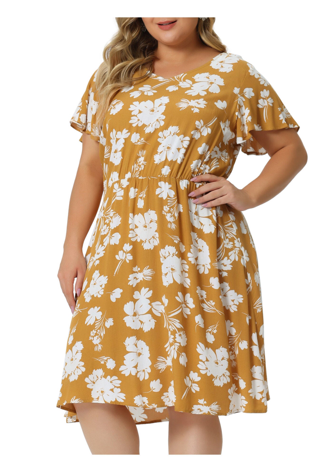 Summer V Neck Flare Sleeve Peplum Midi Ruffle Dress, Yellow / Yellow, alternate image number 3