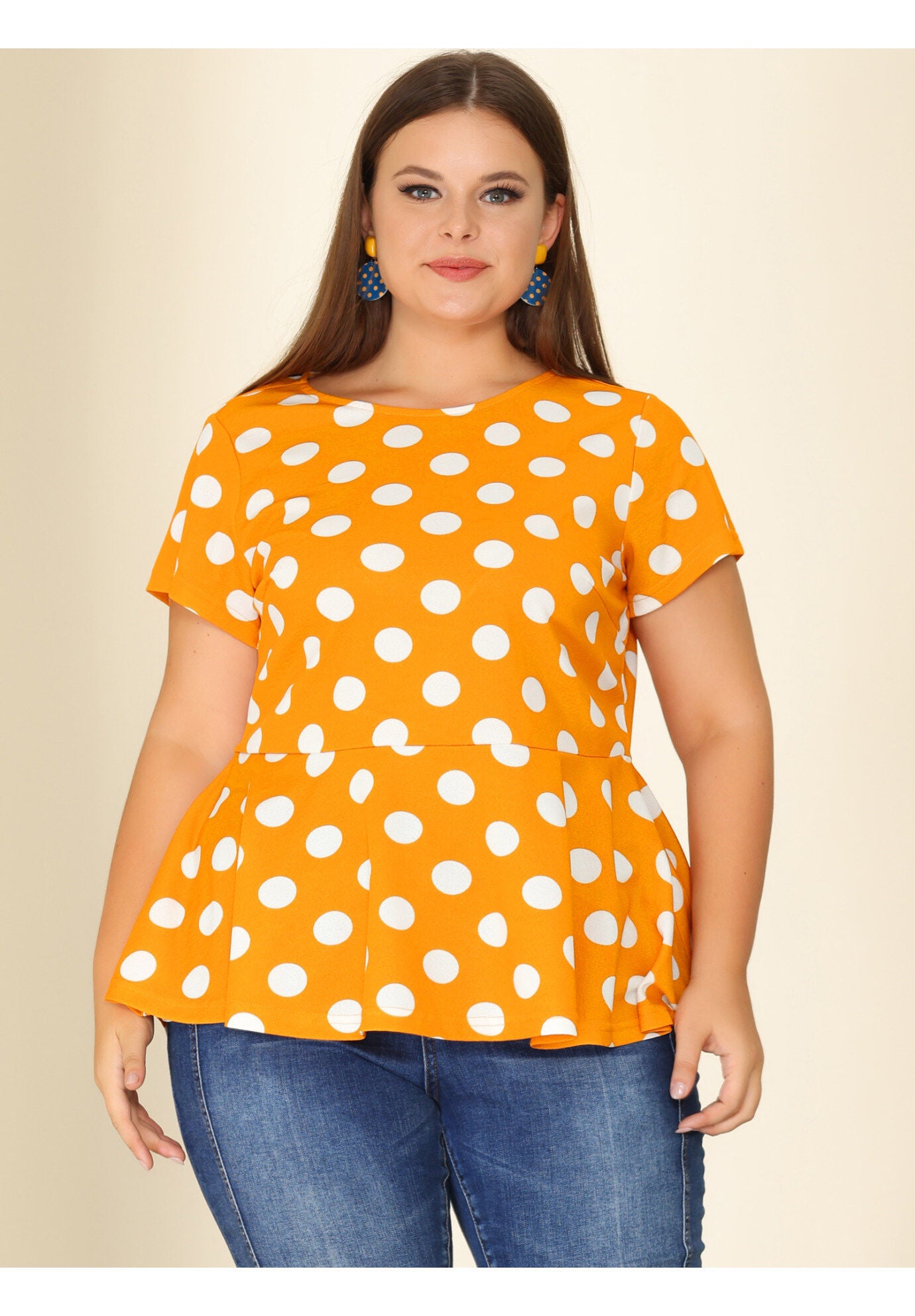 Casual Short Sleeve Polka Dots Peplum Tops Shirts, Orange / Orange, hi-res image number 0