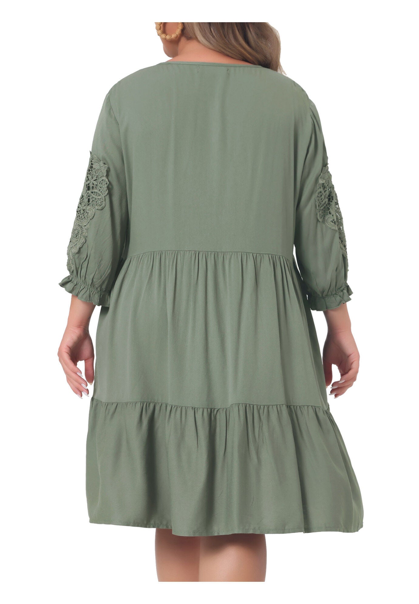 TIE NECK LACE SLEEVE RUFFLE MIDI FLOWY DRESS, Green / Olive Green, alternate image number 3