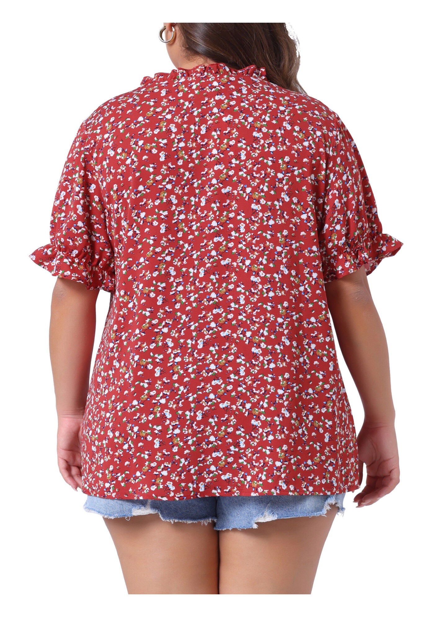 Floral V Neck Ruffle Puff Short Sleeve Blouse, Red / Red, alternate image number 3