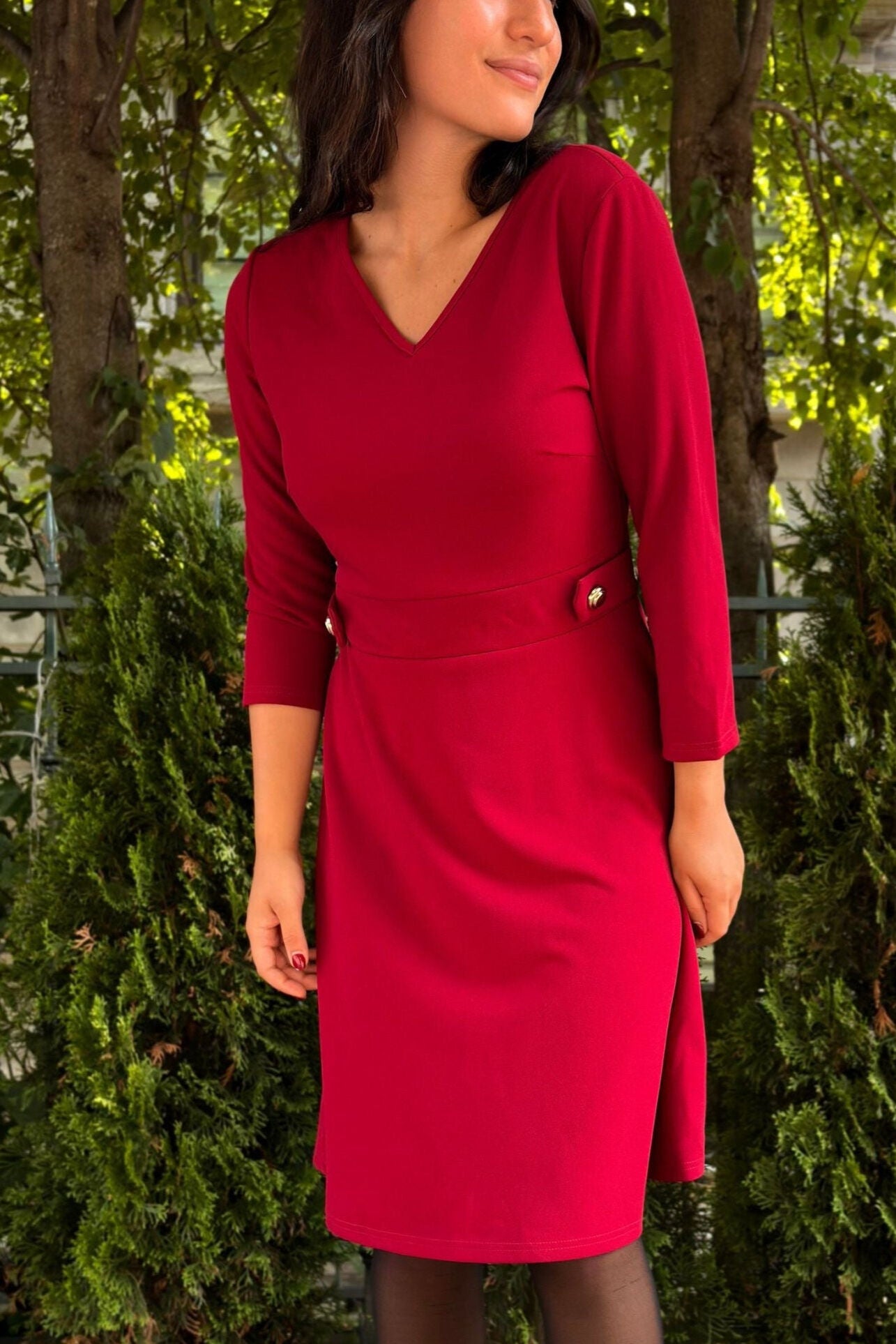 Nathalie A-Line Dress V-Neckline Structured Fit Gold Button Detail, RED / Red, alternate image number 2