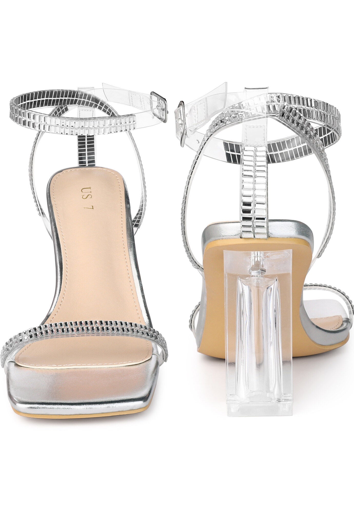 Square Toe Rhinestone Strap Clear Block Heels Sandals, Silver / Silver, alternate image number 1