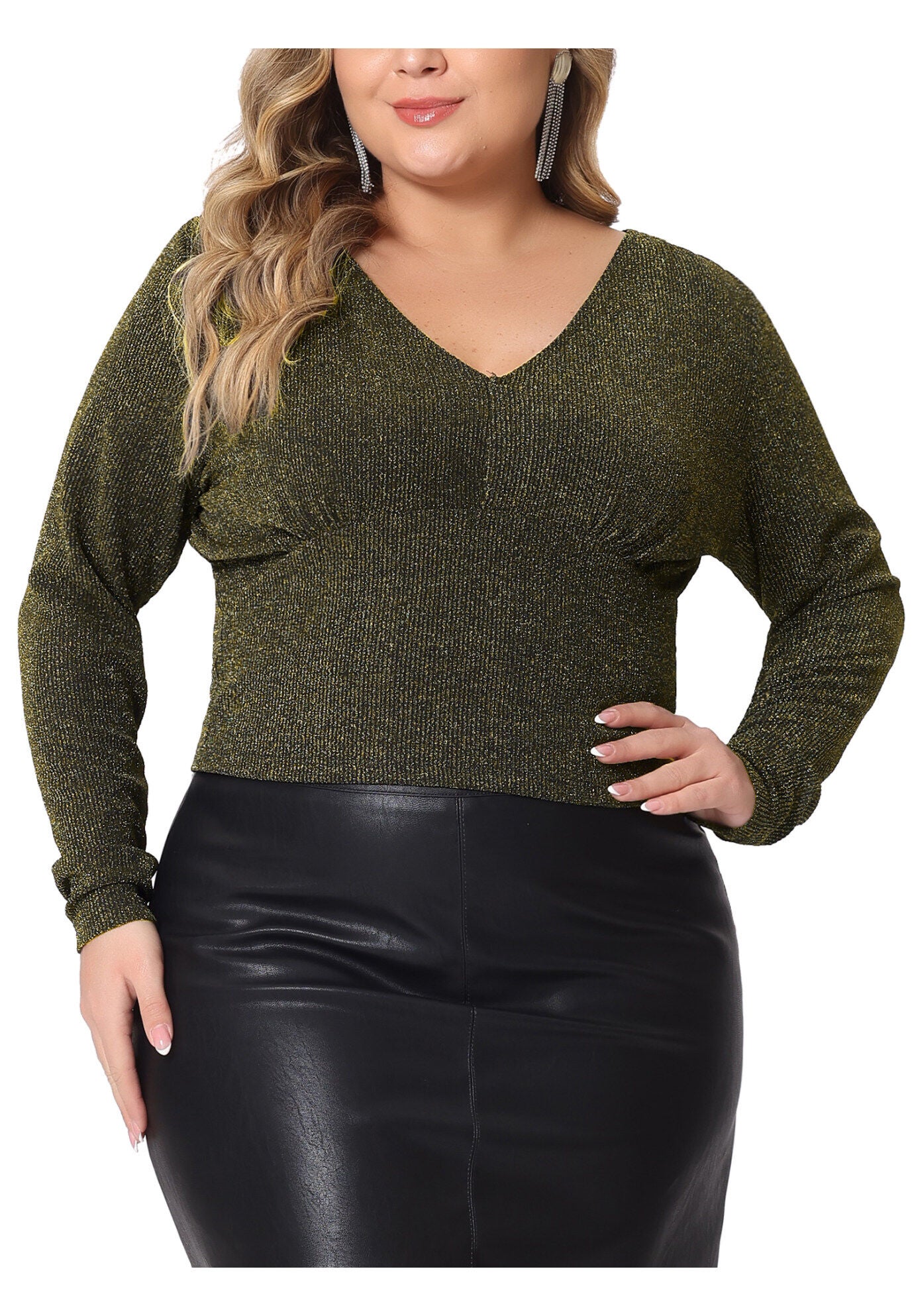 Metallic V Neck Long Sleeve T-Shirt Glitter Top, Gold / Gold, alternate image number 2