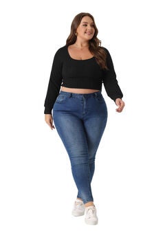 Square Neck Long Sleeve Slim Fitted T-Shirt Crop Tee Top