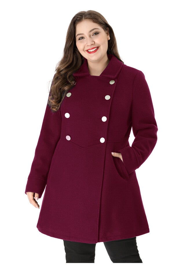 A-Line Peter Pan Collar Double Breasted Peacoat, Burgundy / Burgundy, alternate image number 2