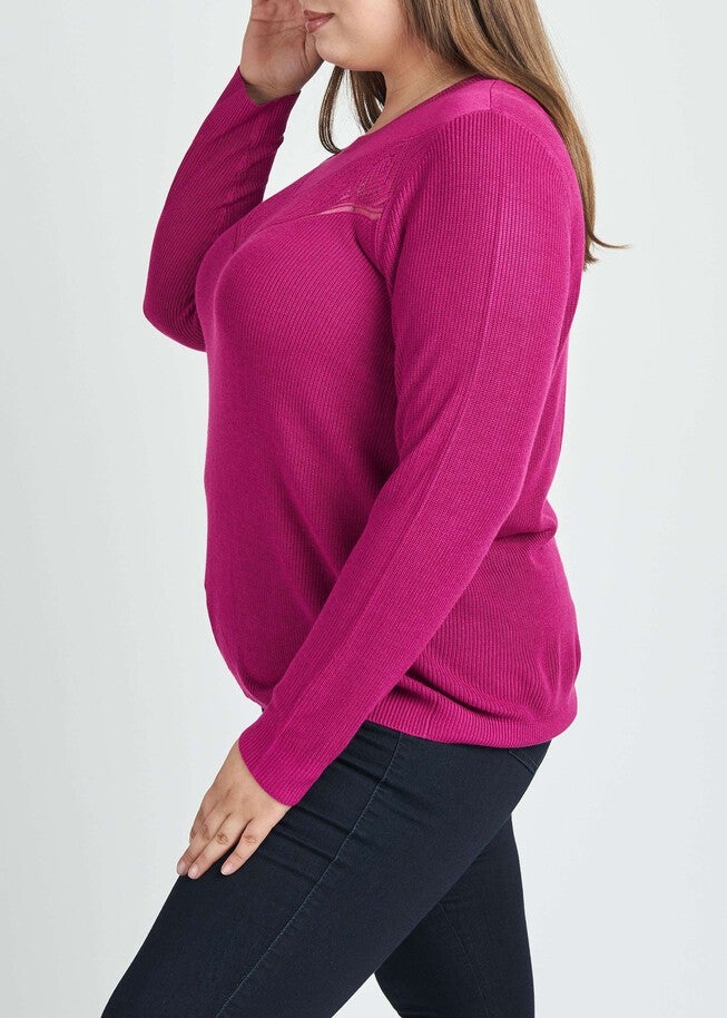 Tenley Pullover Sweater with Crochet Yoke, FUCHSIA PINK / Pink, alternate image number null