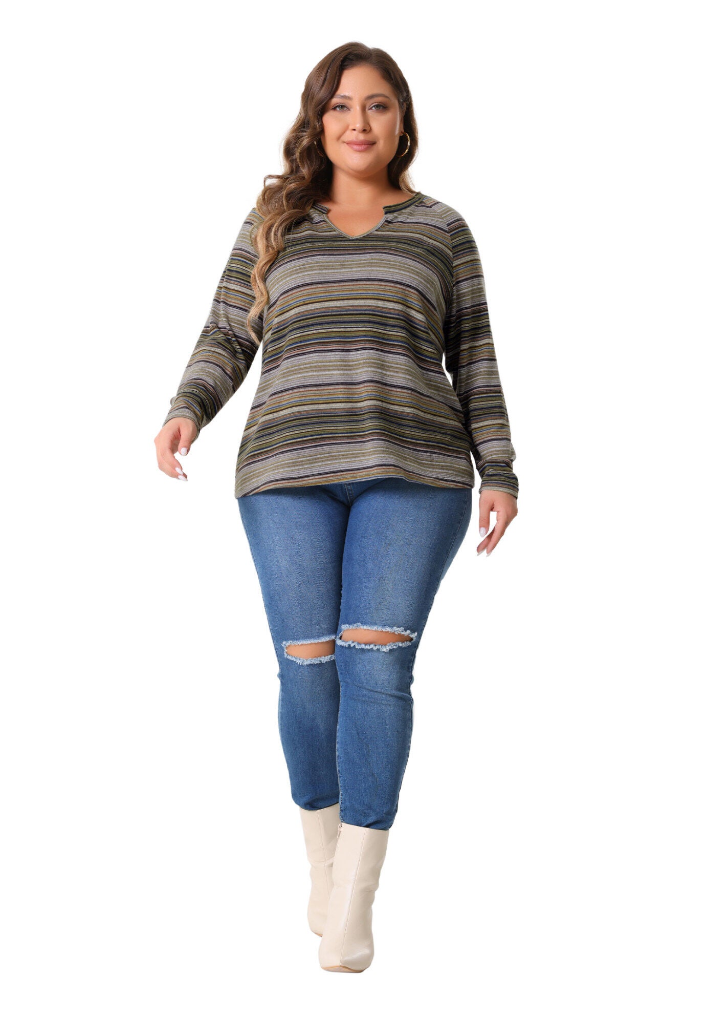 Long Sleeve T-Shirt Notch V Neck Blouse, Green / Brown, hi-res image number 0