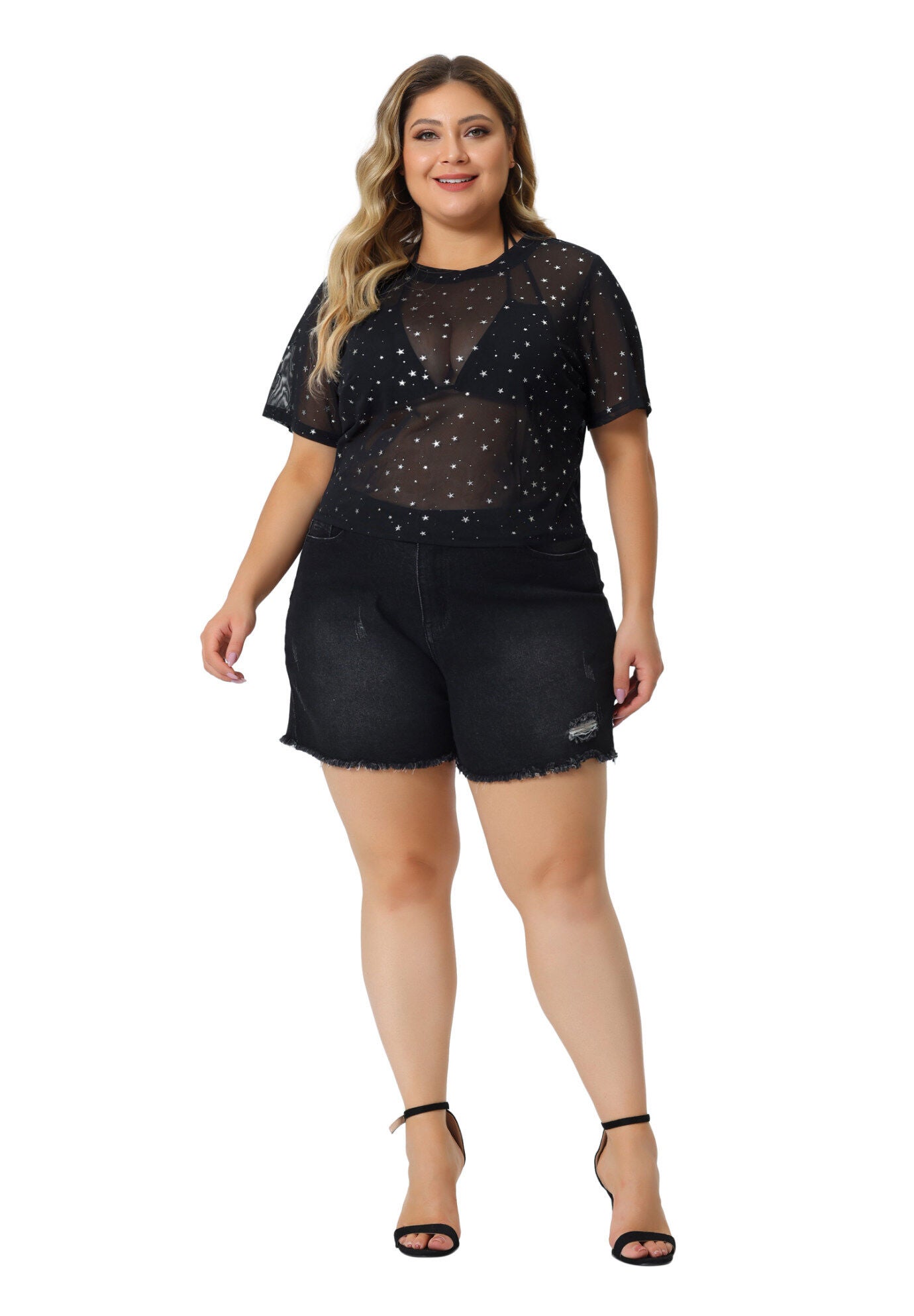 MESH TOP GLITTER SILVER STAR SHEER SEE THROUGH SHORT SLEEVE SHORT TEE, Black / Black, hi-res image number 0