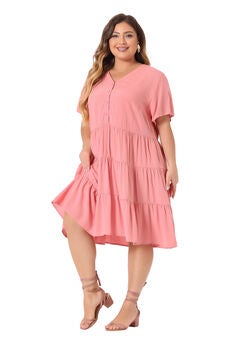 Button Down V Neck Knee Length Tiered Chambray Dress