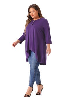 3/4 Sleeve Buttons Crew Neck High Low Loose Fit Tunic Top