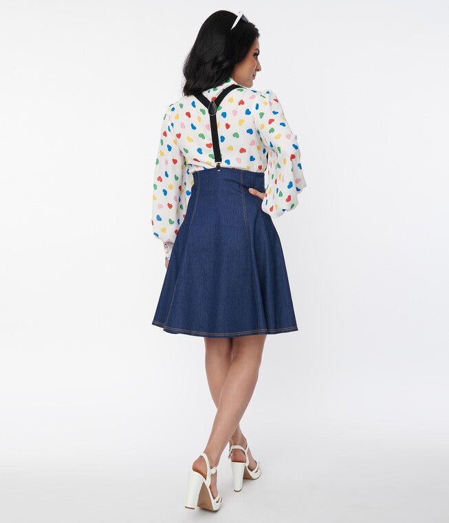 Unique Vintage Denim Suspender Flare Skirt, , alternate image number null