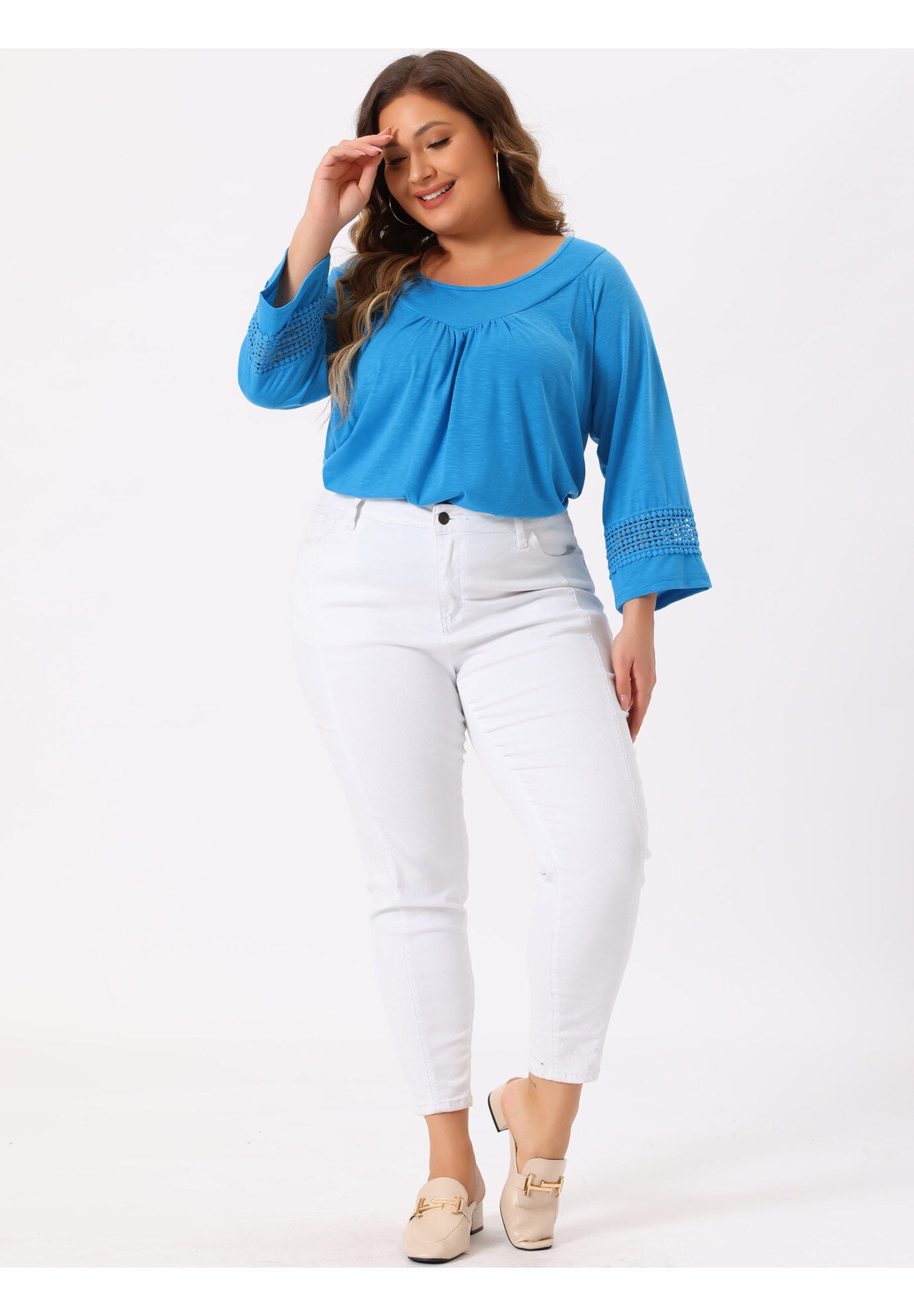 CROCHET PANEL HOLLOW OUT PLEATED TUNICS BLOUSE TOP, Sky Blue / Light Blue, hi-res image number 0