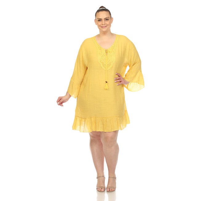 Sheer Embroidered Knee Length Cover Up Dress, Yellow / Yellow, alternate image number 2
