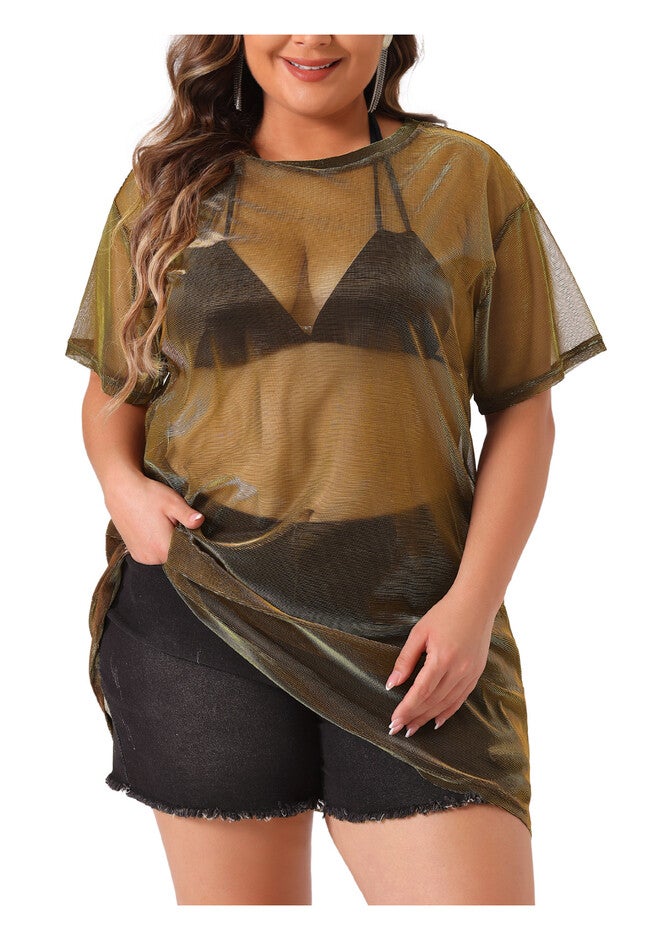 Sheer Mesh Top See Through Holographic Long Tee, Gold / Gold, alternate image number 1