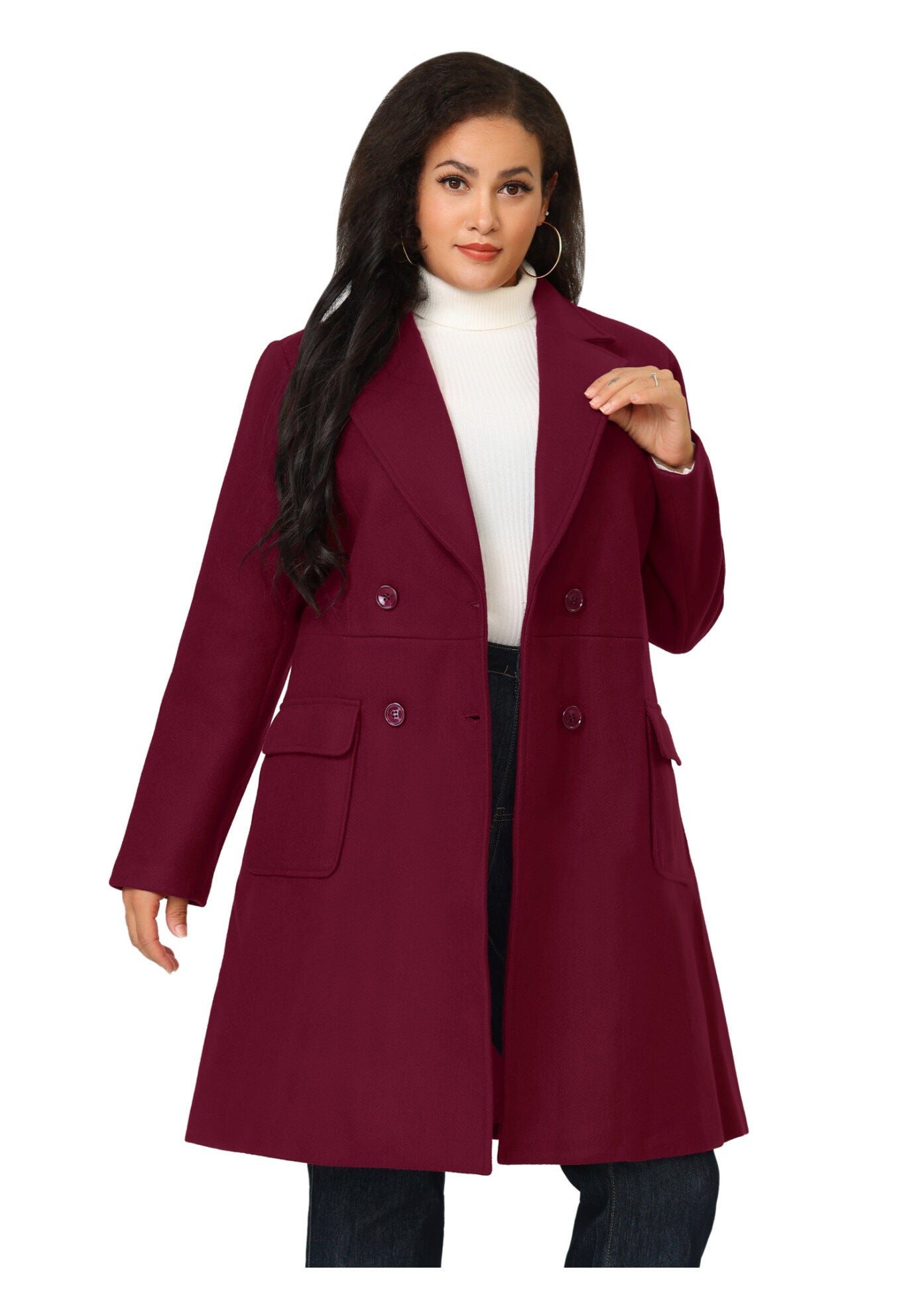 NOTCH LAPEL DOUBLE BREASTED PEA TRENCH COAT, Burgundy / Red, alternate image number 3