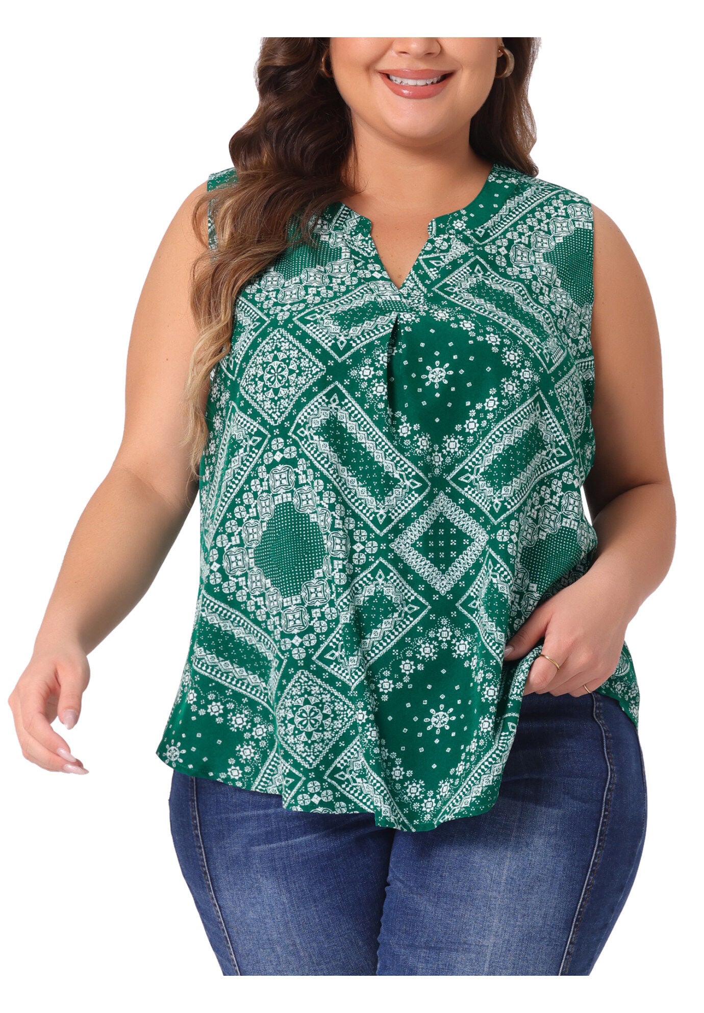Sleeveless Floral Print V Neck Tunic Tank Top, Green / Forest Green, alternate image number 2
