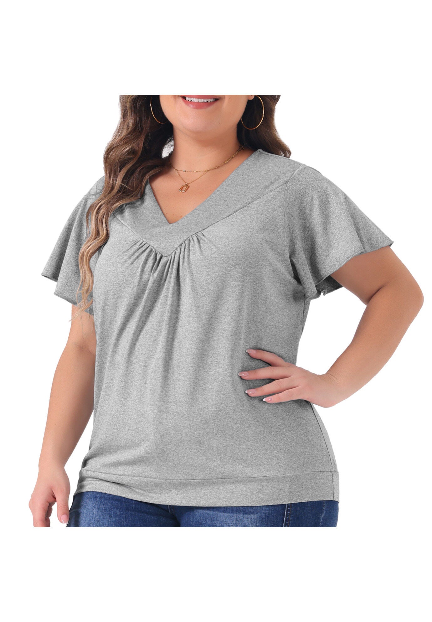 V Neck Ruffle Short Sleeve T-Shirt Top, Grey / Light Grey, alternate image number 1