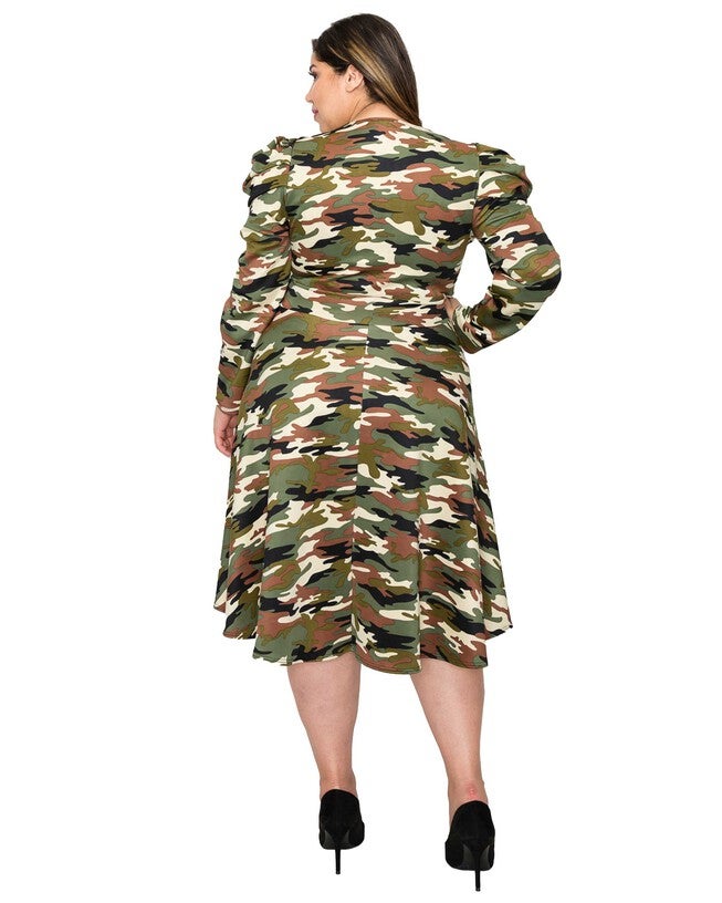 CAMO MIDI FLARE DRESS, OliveBlackBrown Camo / Forest Green, alternate image number 1