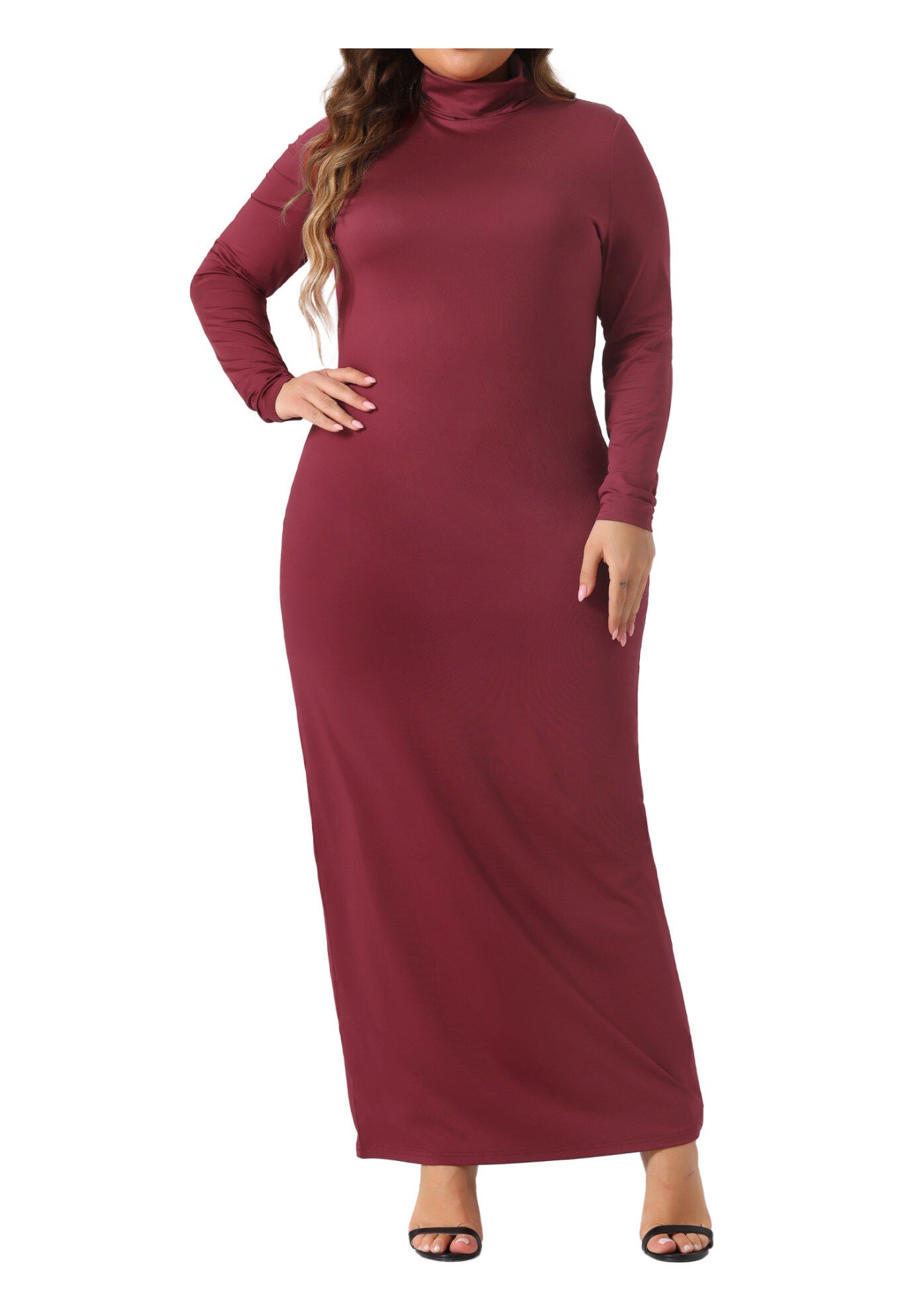 Turtleneck Long Sleeve Bodycon Long Maxi Pencil Dress, Burgundy / Burgundy, alternate image number 1
